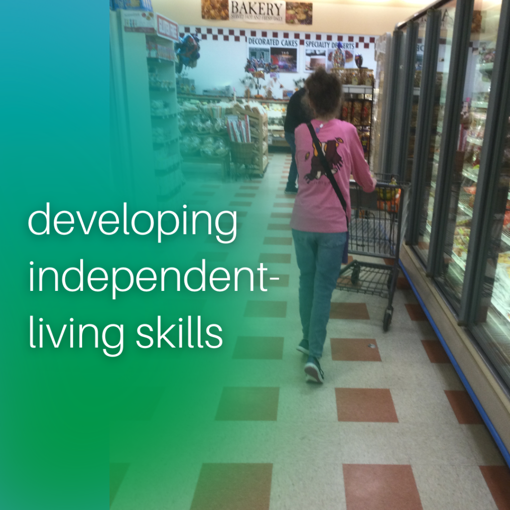 student learning independent-living skills while shopping at a local grocery store