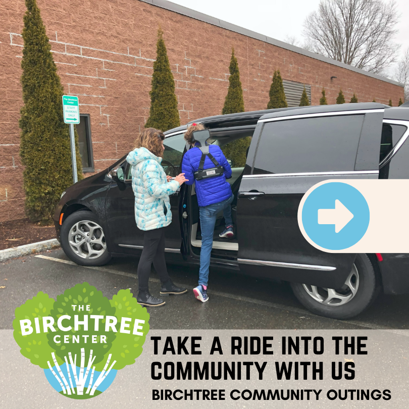 Birchtree instructor helping Birchtree student into minivan